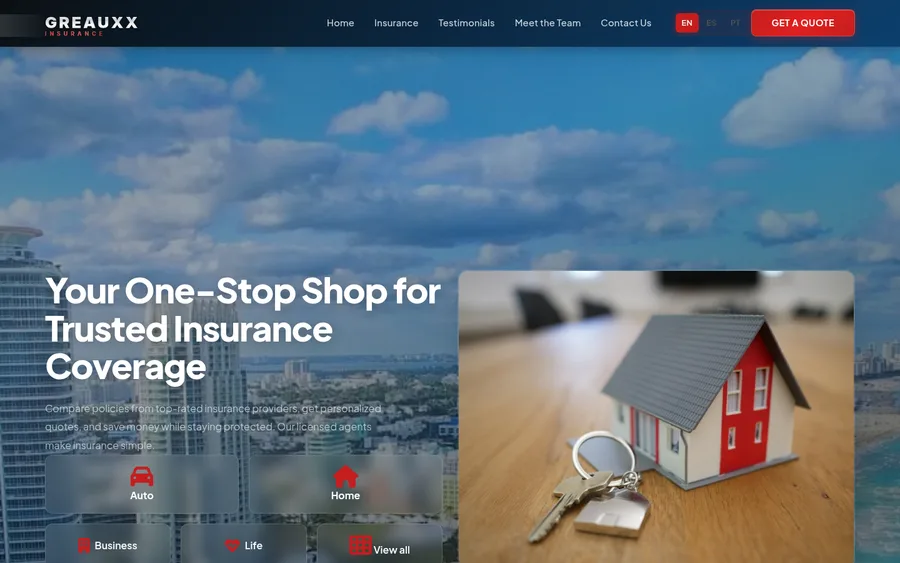 Greauxx Insurance website rendered in English