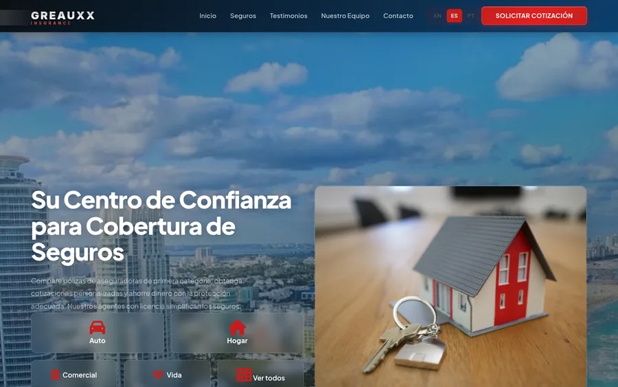 Greauxx Insurance website rendered in Español