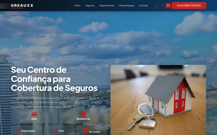 Greauxx Insurance website rendered in Português