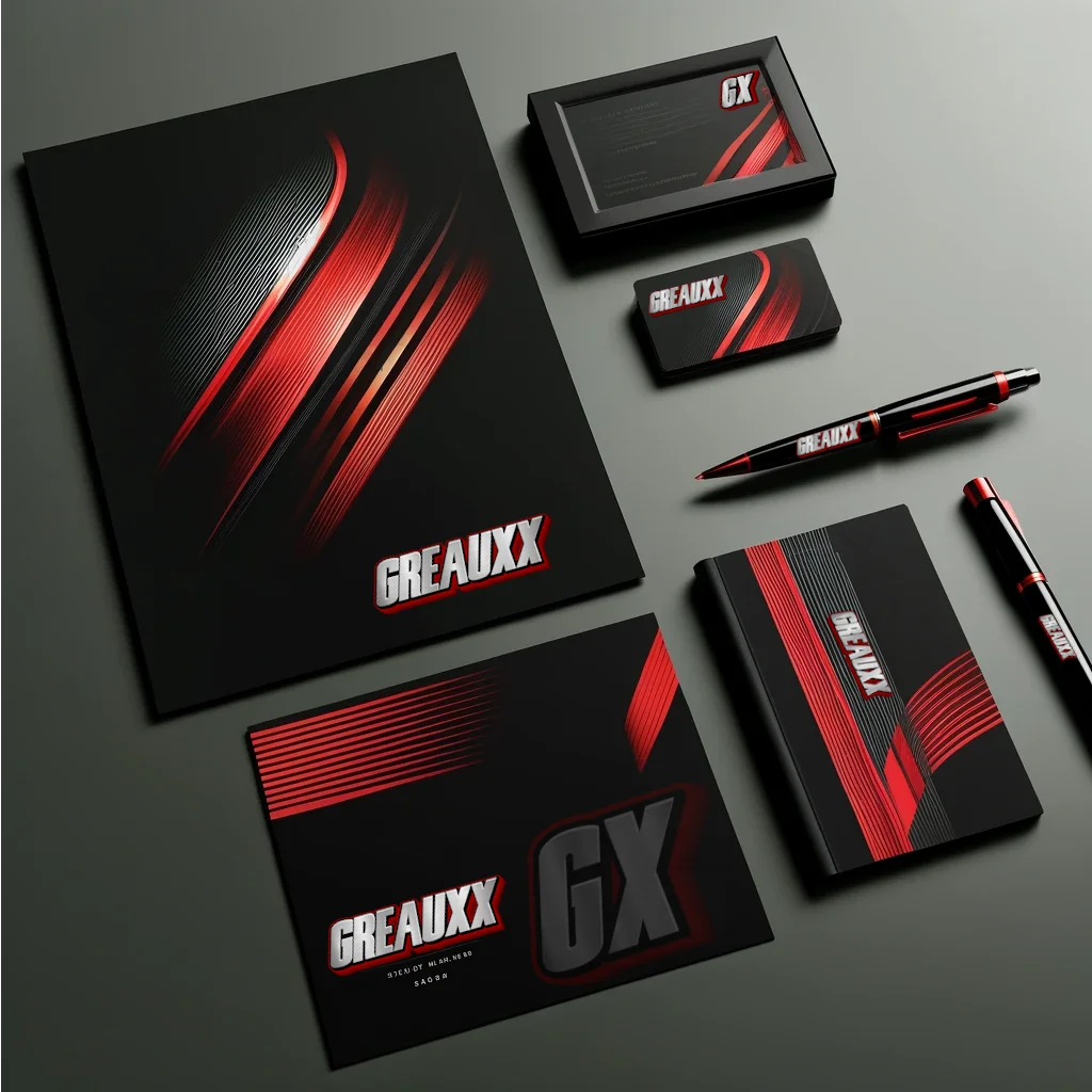 Greauxx professional branding stationery including business cards and letterhead on dark surface